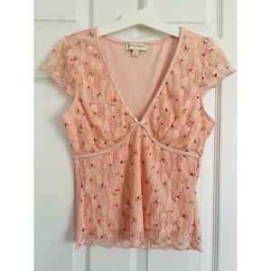 Y2K Coquette Pink Lace Floral Babydoll Top Fairycore Romantic V-Neck Womens Sz L
